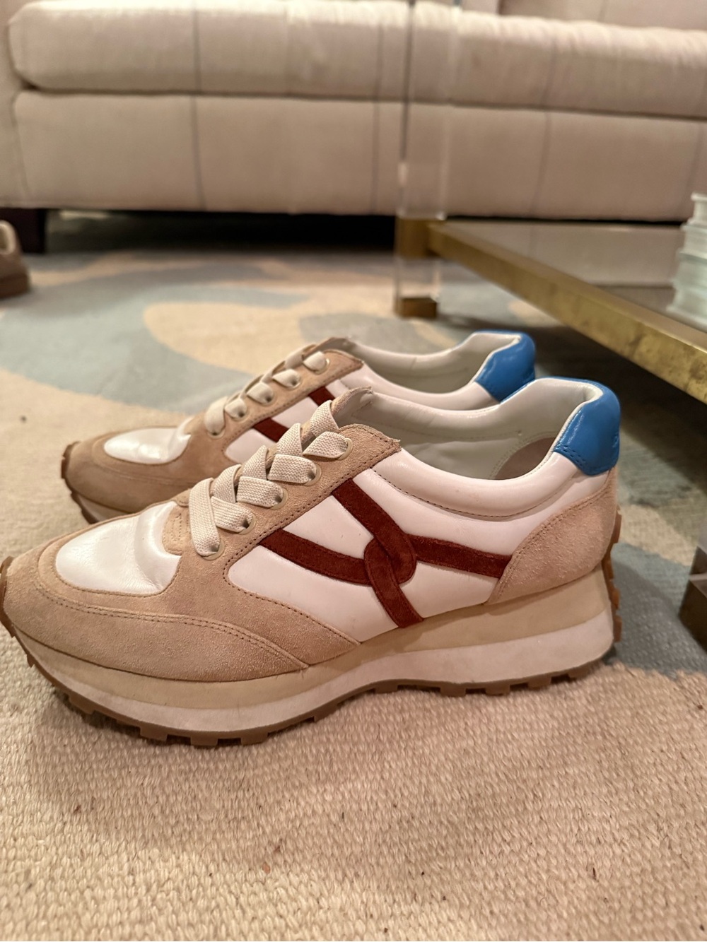 Veronica Beard Beige White Brown Blue Suede Leather Sneakers